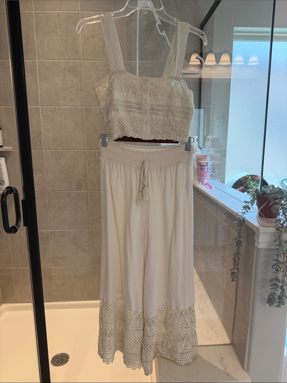 American Eagle Outfitters Cream Crochet Crop Top & Maxi Skirt Set